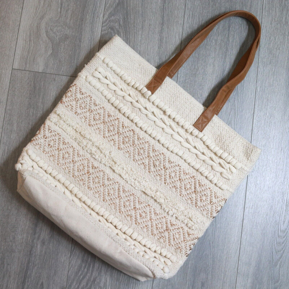 Classic Knit Tote Handbag Women XL Textured Canvas Cream Tan Beach Shoulder Bag